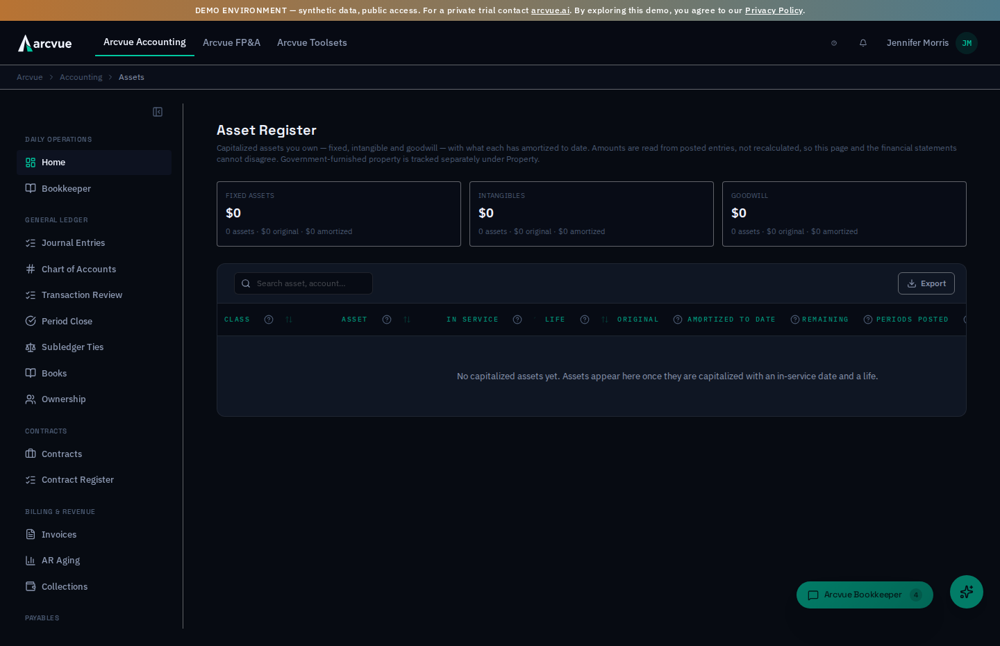 The Asset Register — the three class tiles (Fixed assets, Intangibles, Goodwill), the register columns, and the empty state; a class you hold nothing in still reads zero, by design