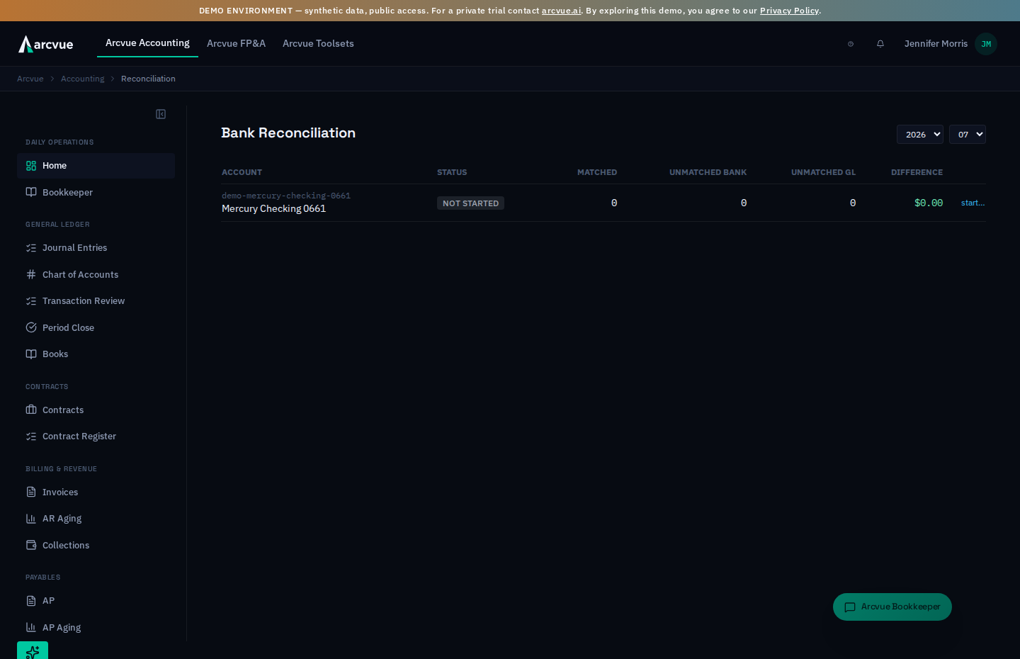 Bank reconciliation — each account for the period with its status and the four numbers a reconciliation is judged by: matched, unmatched bank, unmatched GL, and the difference that has to reach zero