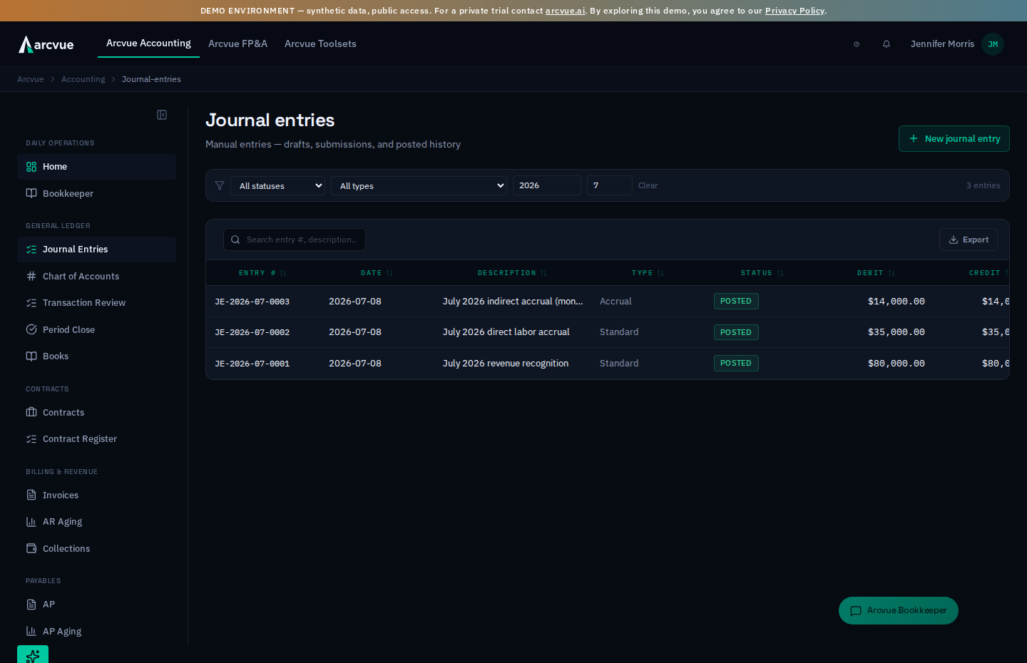 The Journal Entries register — manual entries with status, type, and debit / credit totals
