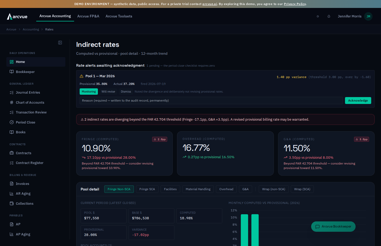 Indirect rates with FAR 42.704 drift cards, pool detail, and computed-vs-provisional trend