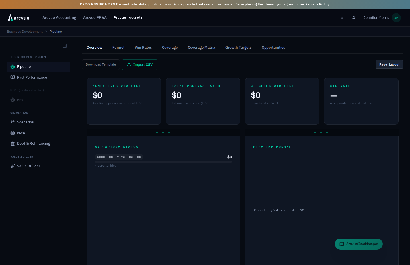 New Business Pipeline with capture-status KPIs and coverage analytics