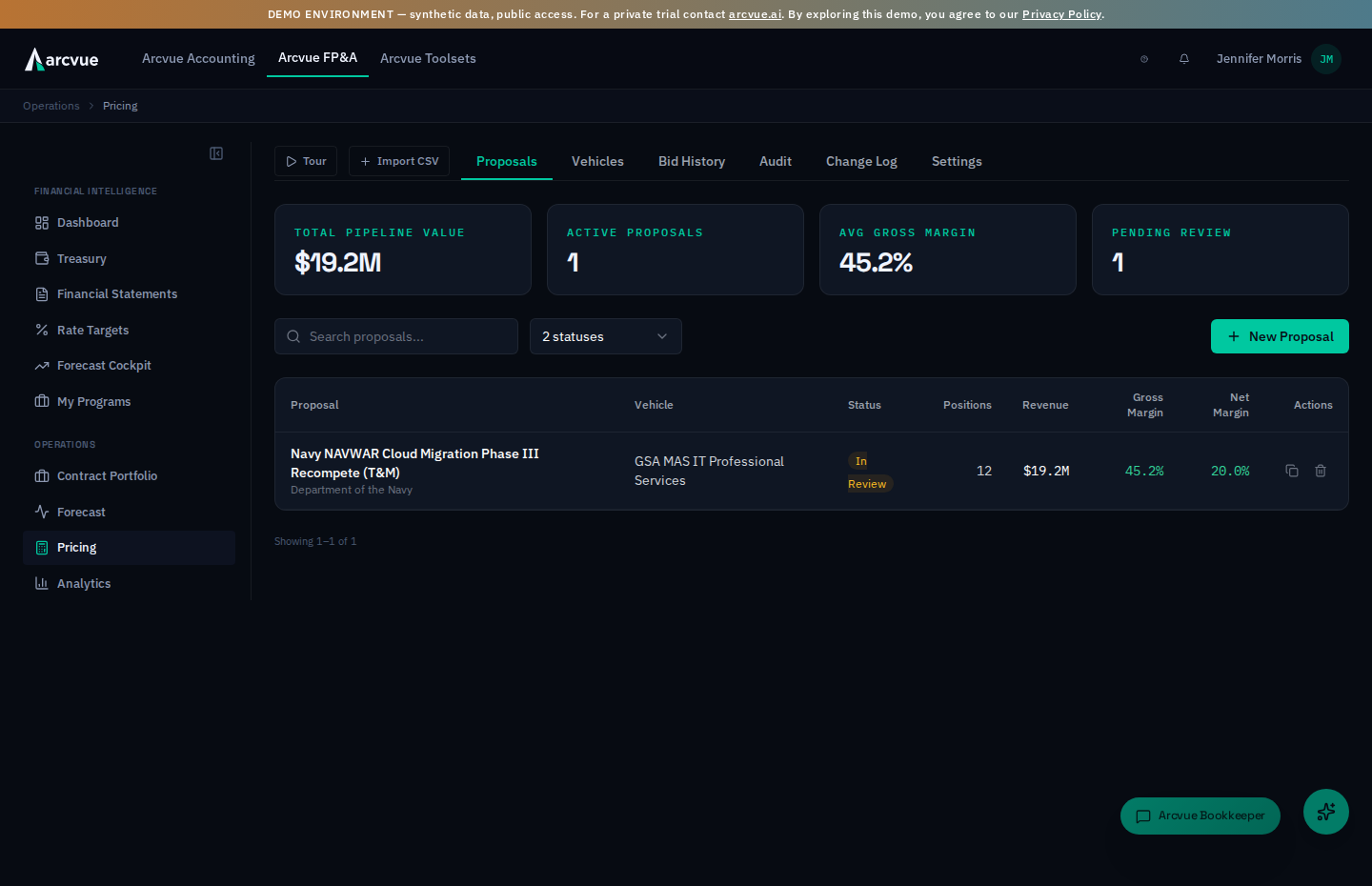 Pricing — proposal pipeline with vehicles, bid history and margin analysis