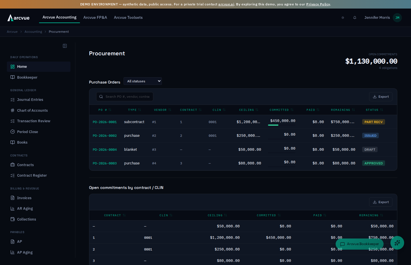 Procurement — purchase orders with ceiling, committed, and remaining commitments plus receipt status
