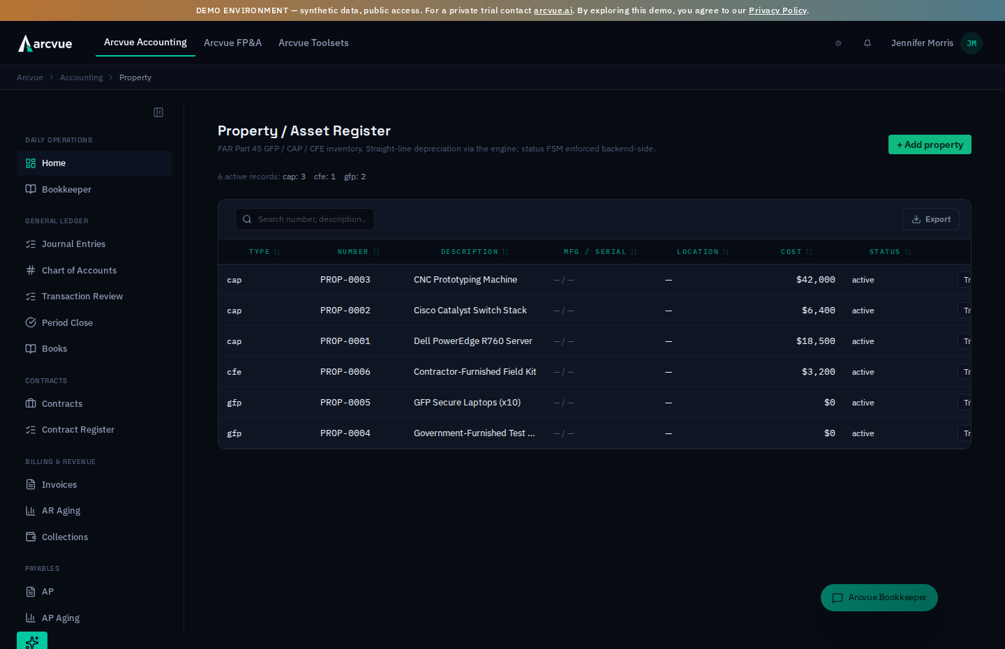 The government property register — GFP / CAP / CFE inventory with type, cost, and status
