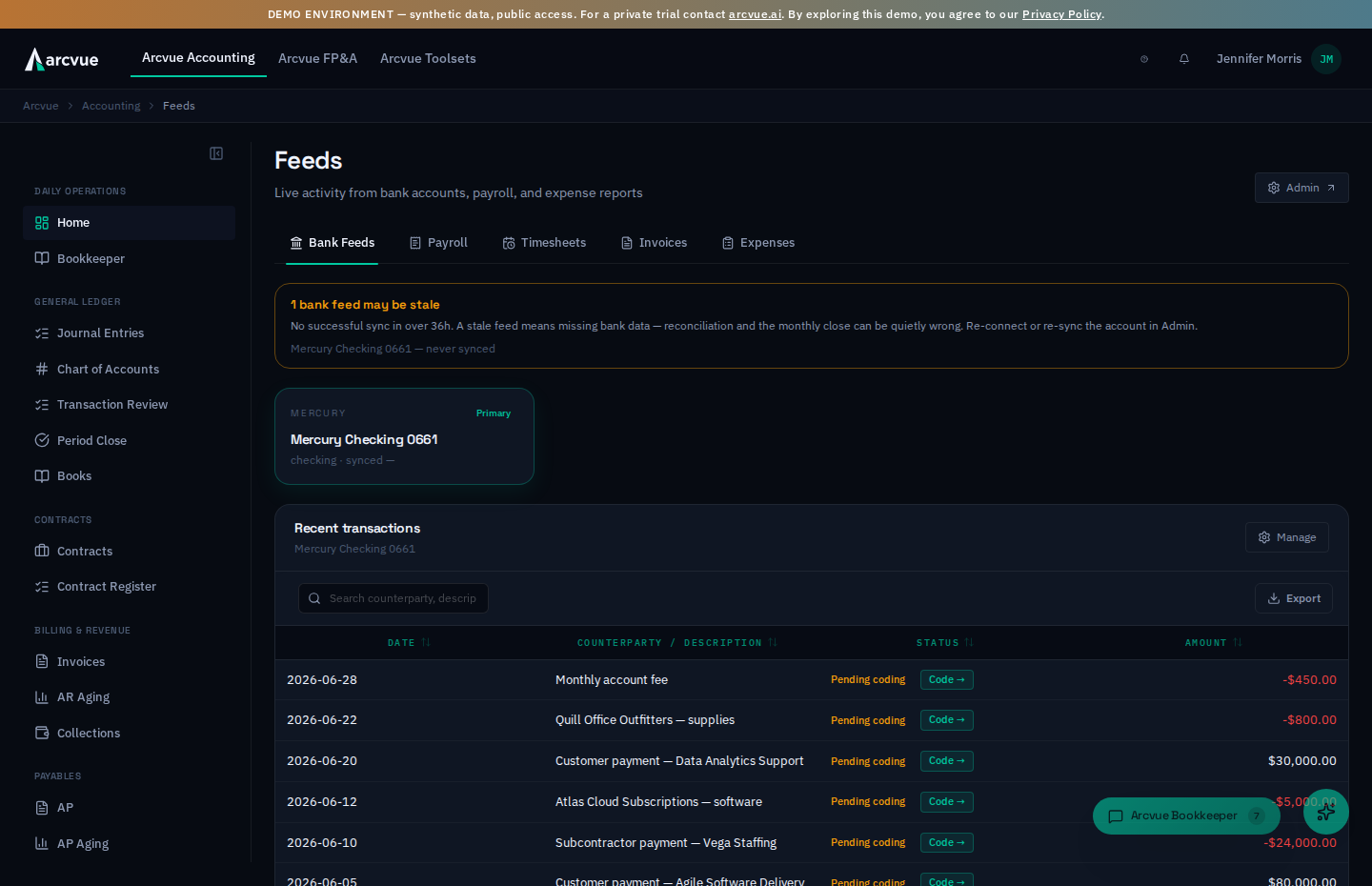 Feeds — live bank, payroll, and expense activity with per-transaction coding actions