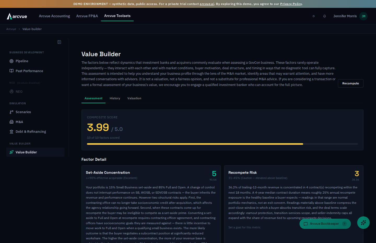 The Value Builder Assessment tab — the composite exit-readiness score and the value-driver cards with buyer's-eye diagnostic narratives.