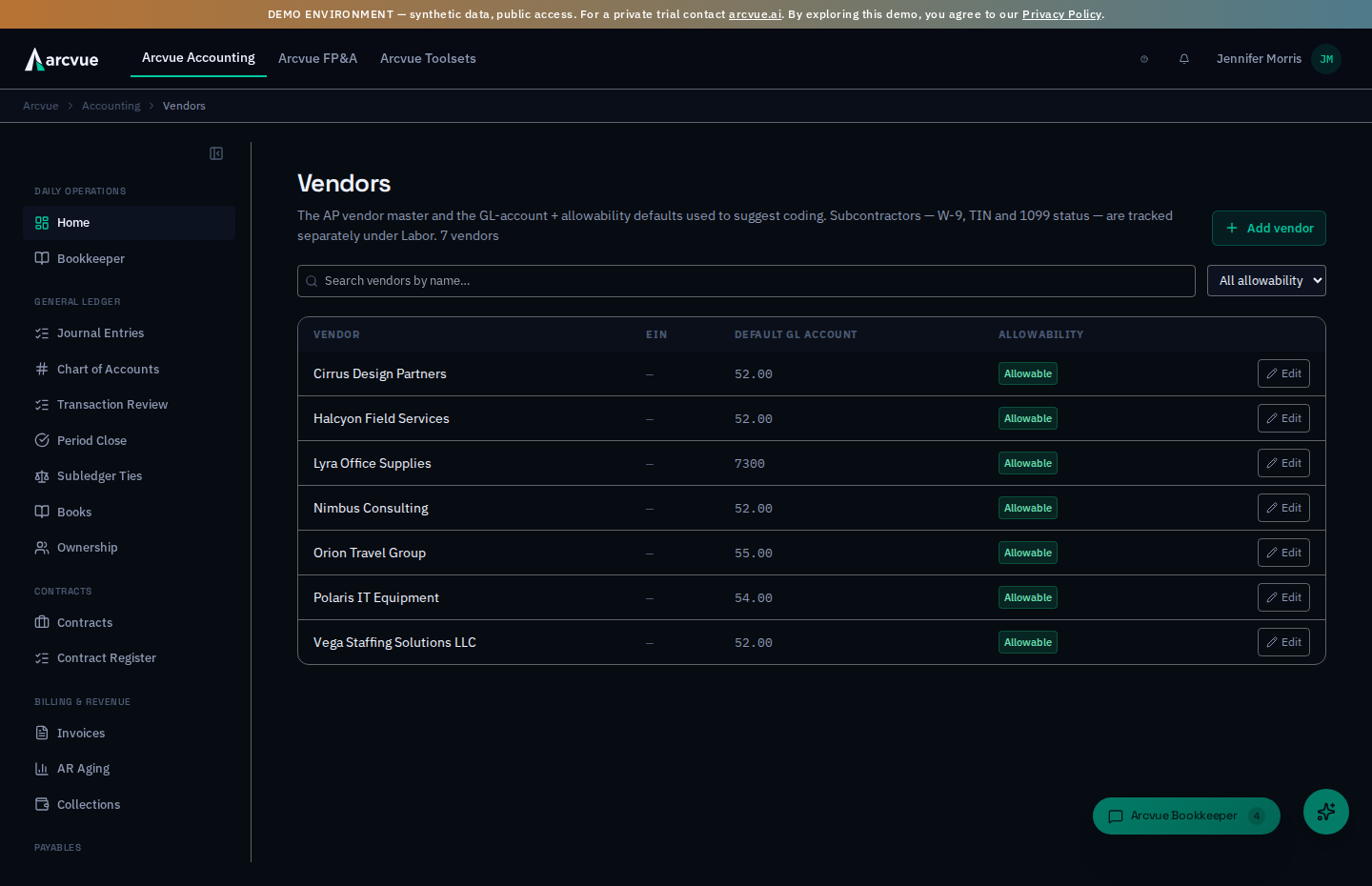 The Vendors doorway — the vendor master with each party's EIN, default GL account and allowability, and Add vendor